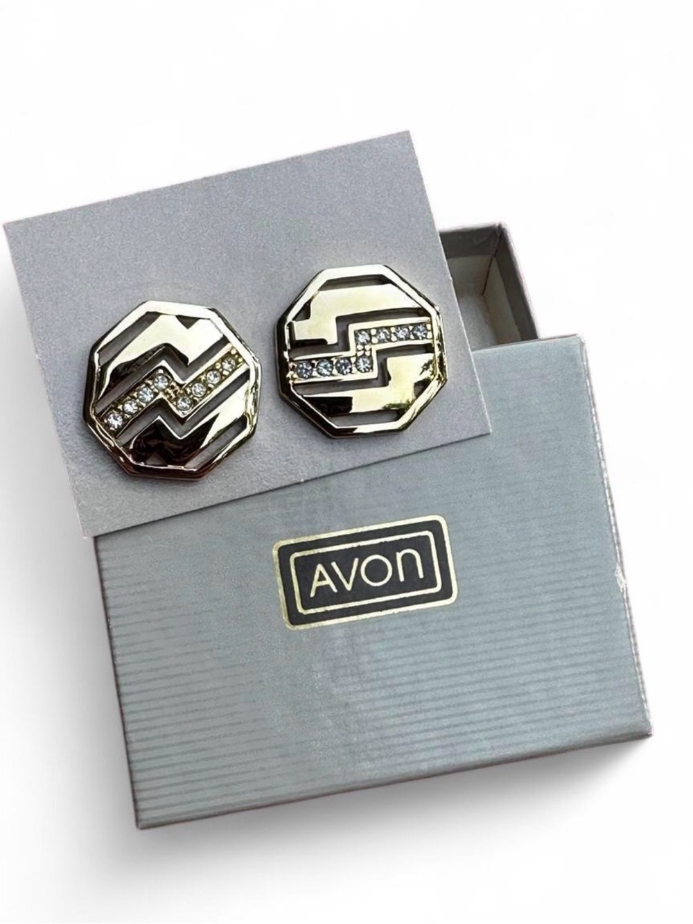 Vintage 80s Avon Art Deco Geometric Gold Tone Modernist Octagon Earrings